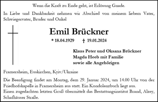 Traueranzeige von Emil Brückner von Allgemeine Zeitung Alzey