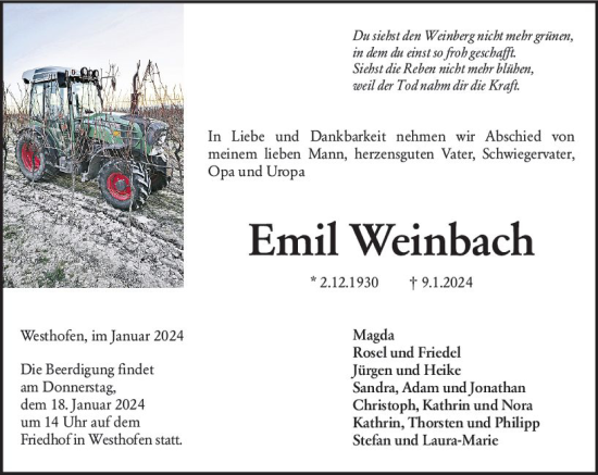 Traueranzeige von Emil Weinbach von Wormser Zeitung