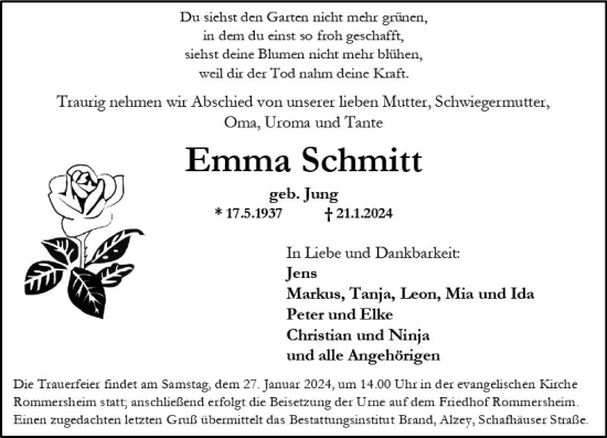 Traueranzeige von Emma Schmitt von Allgemeine Zeitung Alzey