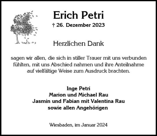 Traueranzeige von Erich Petri von Wiesbadener Kurier