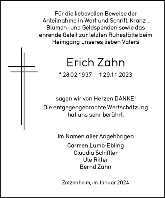 Traueranzeige von Erich Zahn von Allgemeine Zeitung Bingen/Ingelheim