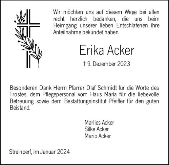 Traueranzeige von Erika Acker von Hinterländer Anzeiger