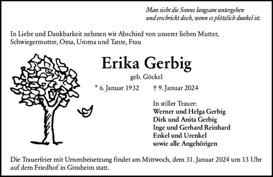 Traueranzeige von Erika Gerbig von Allgemeine Zeitung Mainz
