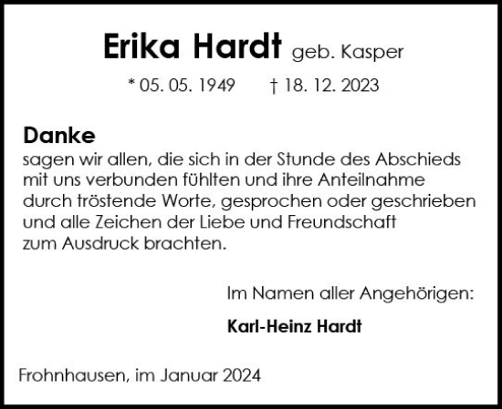 Traueranzeige von Erika Hardt von Dill Block