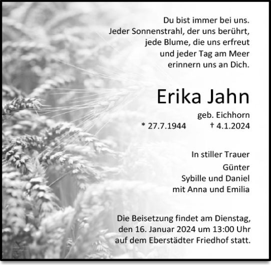 Traueranzeige von Erika Jahn von Darmstädter Echo