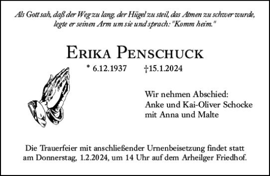 Traueranzeige von Erika Penschuck von Darmstädter Echo