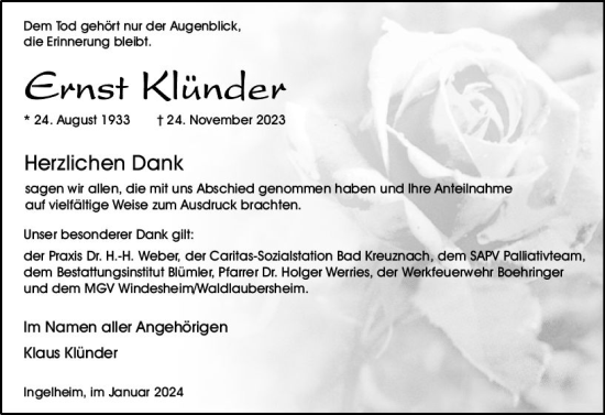 Traueranzeige von Ernst Klünder von Allgemeine Zeitung Bingen/Ingelheim