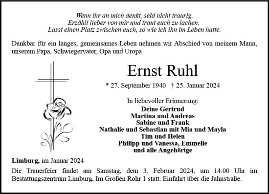 Traueranzeige von Ernst Ruhl von Nassauische Neue Presse