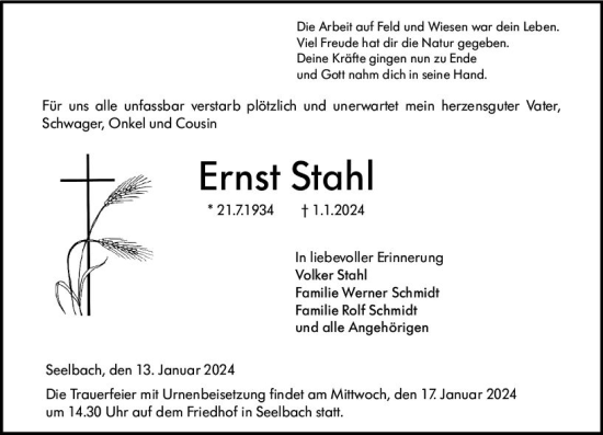 Traueranzeige von Ernst Stahl von Weilburger Tageblatt