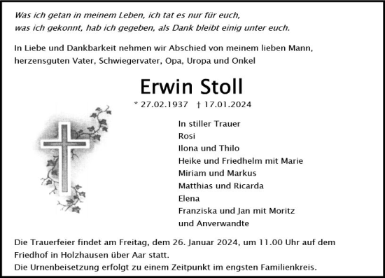 Traueranzeige von Erwin Stoll von Idsteiner Land/Untertaunus