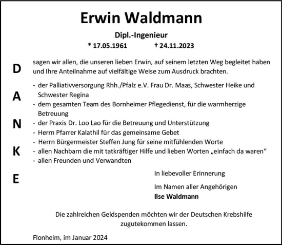 Traueranzeige von Erwin Waldmann von Allgemeine Zeitung Alzey