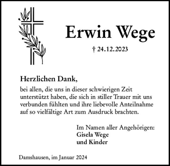 Traueranzeige von Erwin Wege von Hinterländer Anzeiger