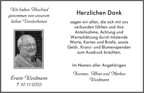 Traueranzeige von Erwin Weidmann von Allgemeine Zeitung Bingen/Ingelheim