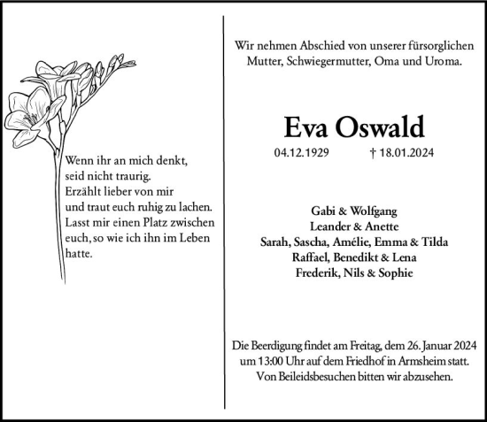 Traueranzeige von Eva Oswald von Allgemeine Zeitung Alzey