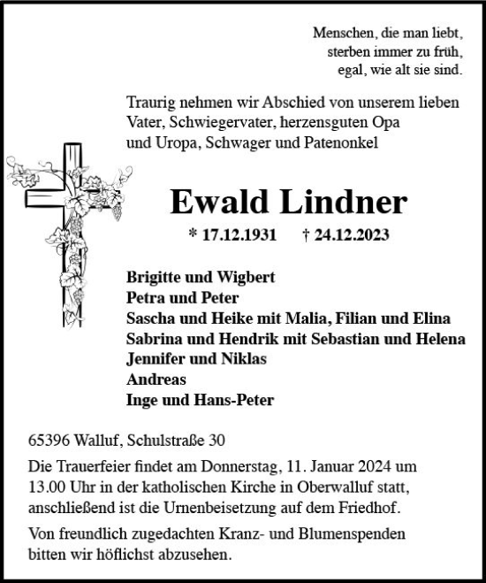 Traueranzeige von Ewald Lindner von Wiesbadener Kurier