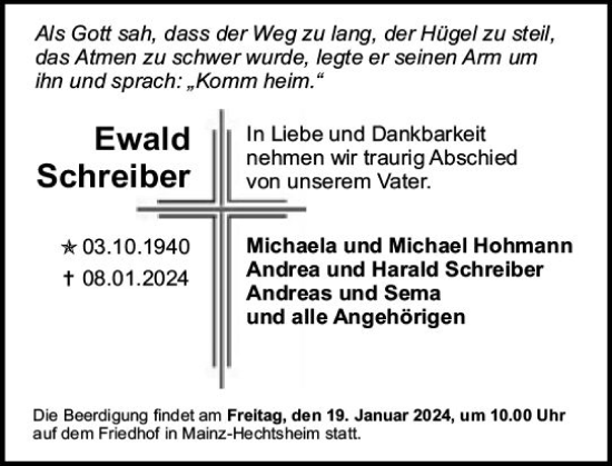 Traueranzeige von Ewald Schreiber von Allgemeine Zeitung Mainz