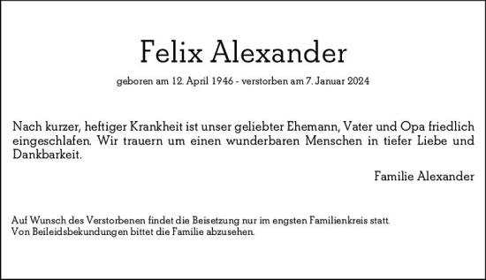 Traueranzeige von Felix Alexander von Wiesbadener Kurier