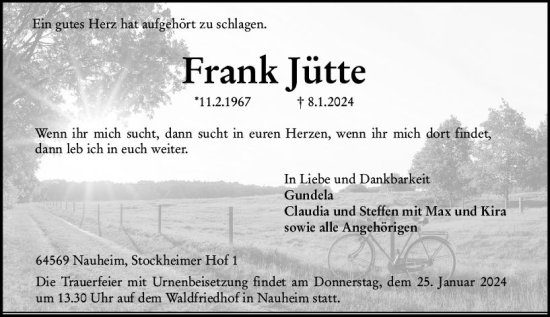 Traueranzeige von Frank Jütte von Rüsselsheimer Echo