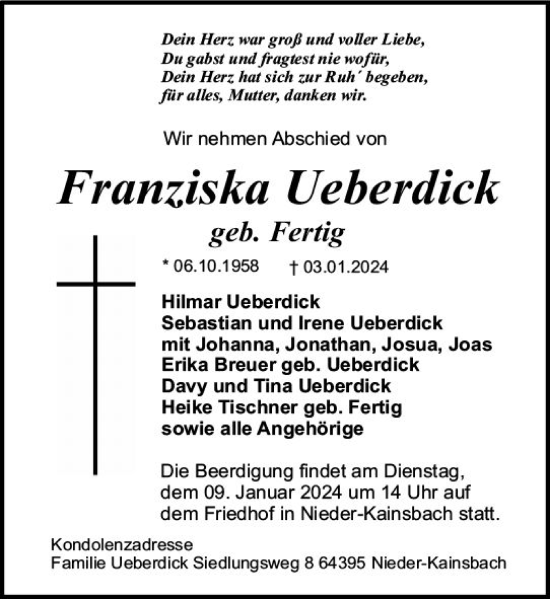 Traueranzeige von Franziska Ueberdick von Odenwälder Echo