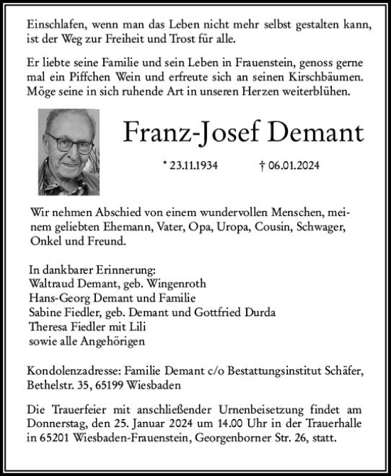 Traueranzeige von Franz Josef Demant von Wiesbadener Kurier