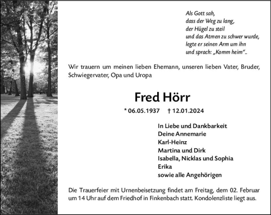 Traueranzeige von Fred Hörr von Odenwälder Echo