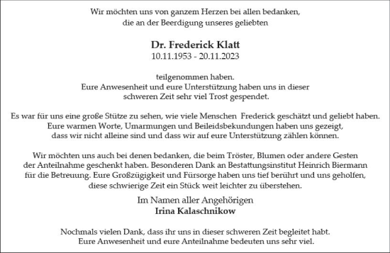 Traueranzeige von Frederick Klatt von Wiesbadener Kurier