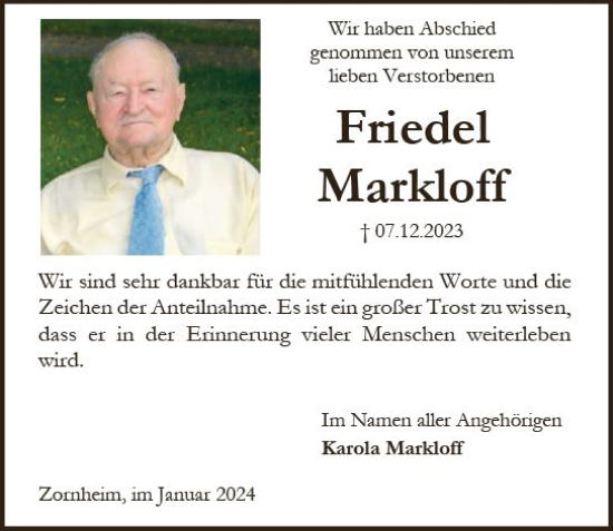 Traueranzeige von Friedel Markloff von Allgemeine Zeitung Mainz