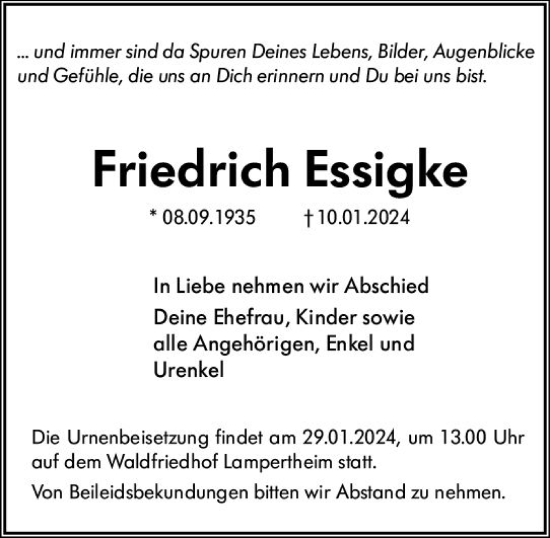 Traueranzeige von Friedrich Essigke von Starkenburger Echo