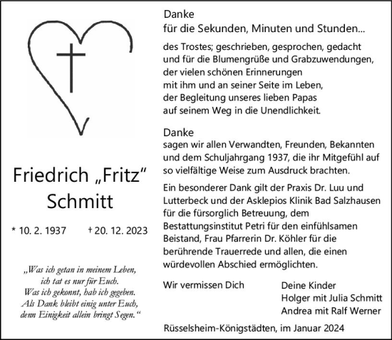 Traueranzeige von Friedrich FSchmitt von Rüsselsheimer Echo