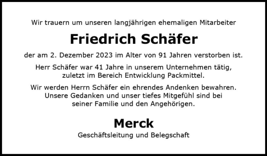 Traueranzeige von Friedrich Schäfer von Darmstädter Echo