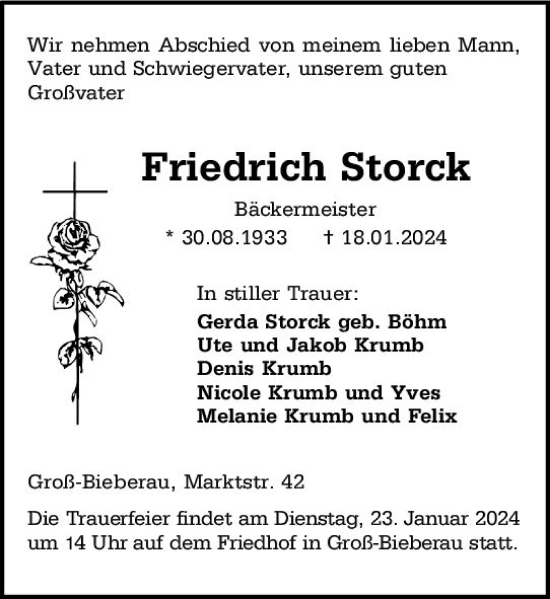 Traueranzeige von Friedrich Storek von Darmstädter Echo
