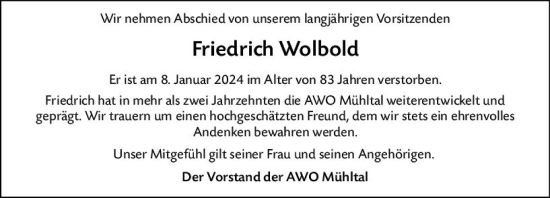 Traueranzeige von Friedrich Wolbold von Darmstädter Echo