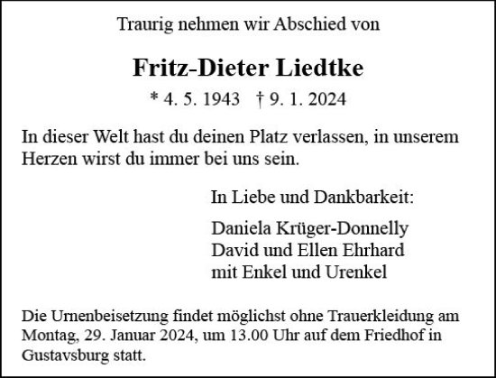 Traueranzeige von Fritz-Dieter Liedtke von Allgemeine Zeitung Mainz