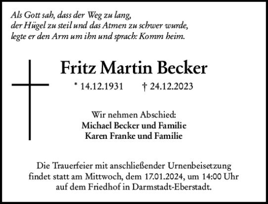 Traueranzeige von Fritz Martin Becker von Darmstädter Echo