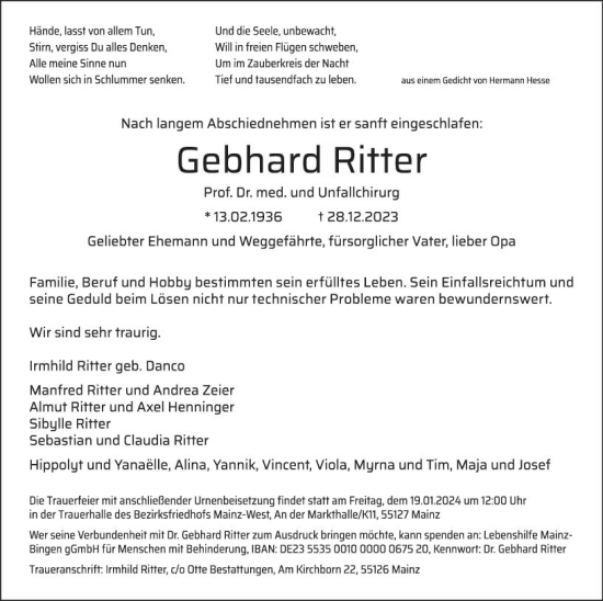 Traueranzeige von Gebhard Ritter von Allgemeine Zeitung Mainz