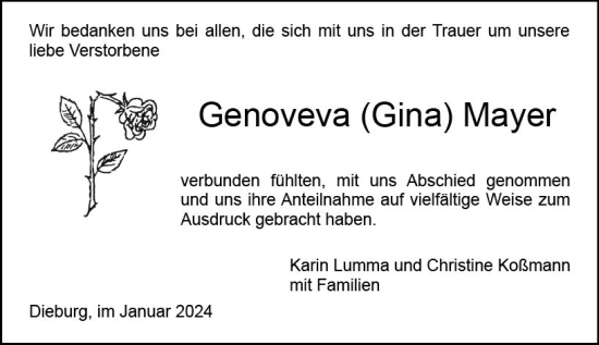 Traueranzeige von Genoveva Mayer von Dieburger Anzeiger/Groß-Zimmerner Lokal-Anzeiger
