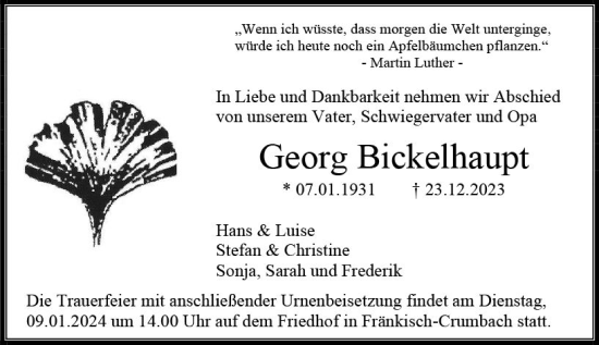 Traueranzeige von Georg Bickelhaupt von Odenwälder Echo