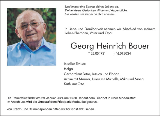 Traueranzeige von Georg Heinrich Bauer von Darmstädter Echo
