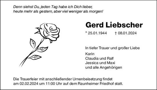 Traueranzeige von Gerd Liebscher von Rüsselsheimer Echo