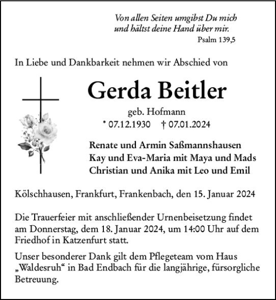 Traueranzeige von Gerda Beitler von Wetzlarer Neue Zeitung