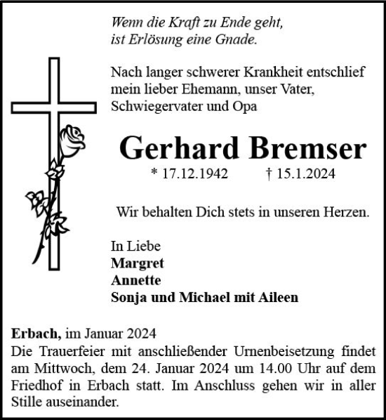 Traueranzeige von Gerhard Bremser von Nassauische Neue Presse