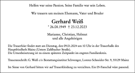 Traueranzeige von Gerhard Weiß von Allgemeine Zeitung Mainz