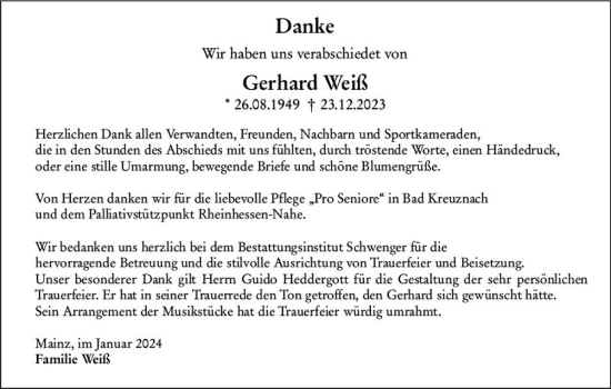 Traueranzeige von Gerhard Weiß von Allgemeine Zeitung Mainz