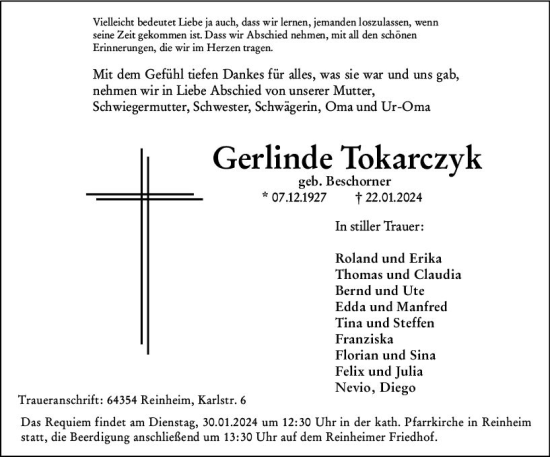 Traueranzeige von Gerlinde Tokarczyk von Darmstädter Echo