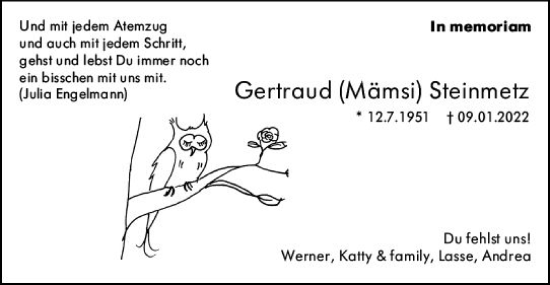 Traueranzeige von Gertraud Steinmetz von Allgemeine Zeitung Alzey