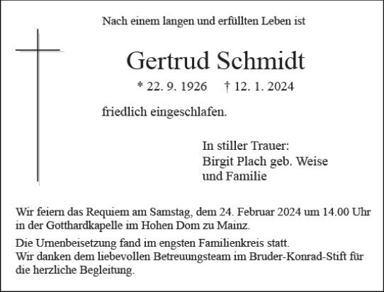 Traueranzeige von Gertrud Schmidt von Allgemeine Zeitung Mainz