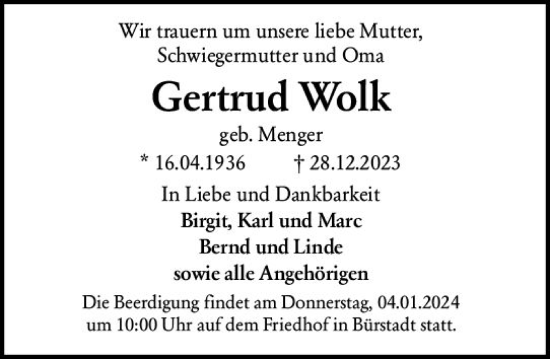 Traueranzeige von Gertrud Wolk von Starkenburger Echo