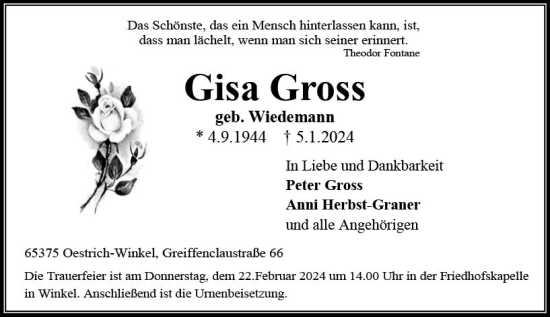 Traueranzeige von Gisa Gross von Wiesbadener Kurier