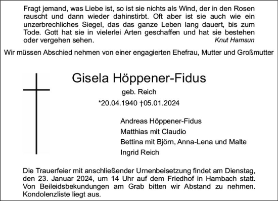 Traueranzeige von Gisela Höppener-Fidus von Starkenburger Echo