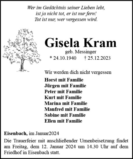 Traueranzeige von Gisela Kram von Camberger Anzeiger